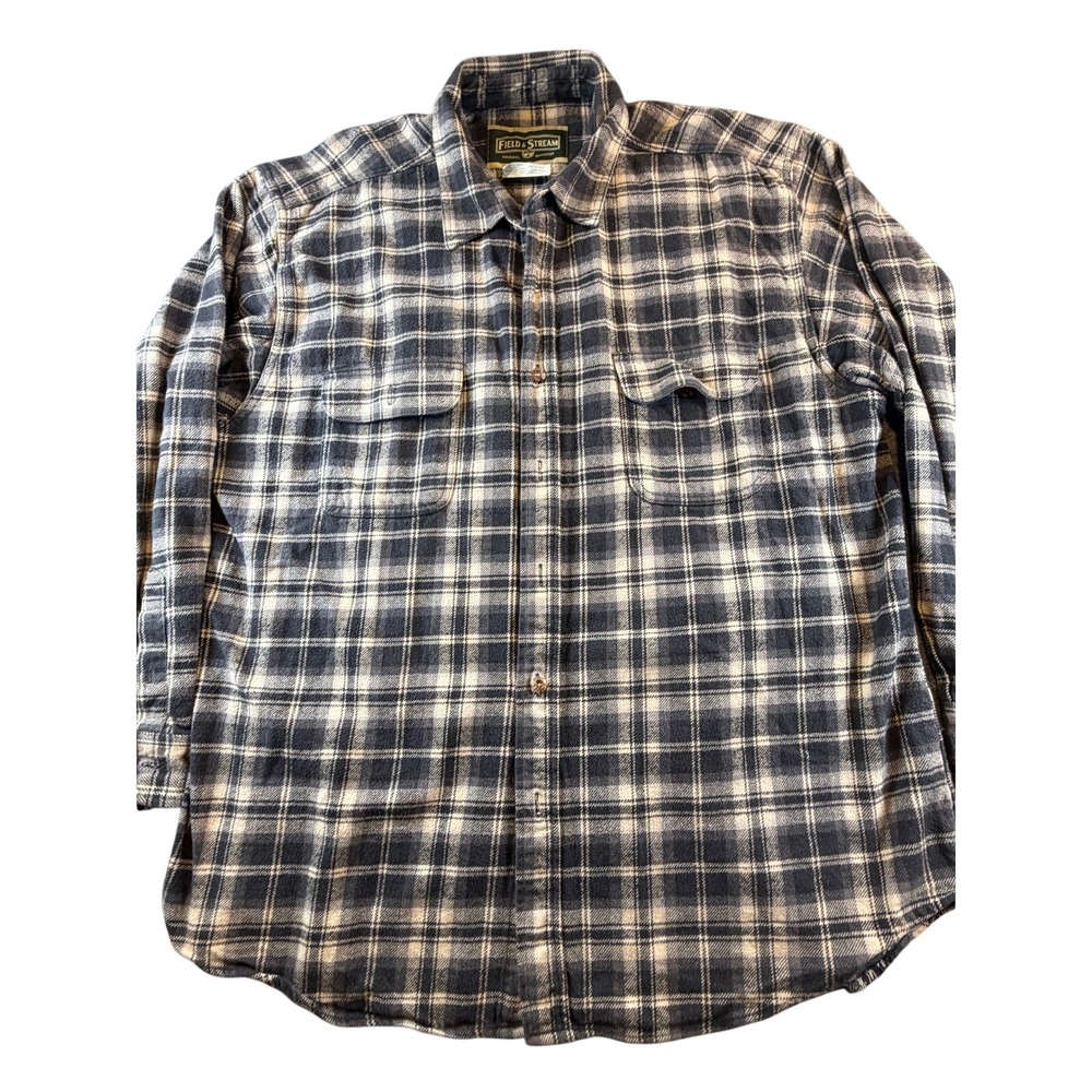 Field & Stream Mens XXL Navy Blue White Plaid Flannel Cotton Button Down Shirt